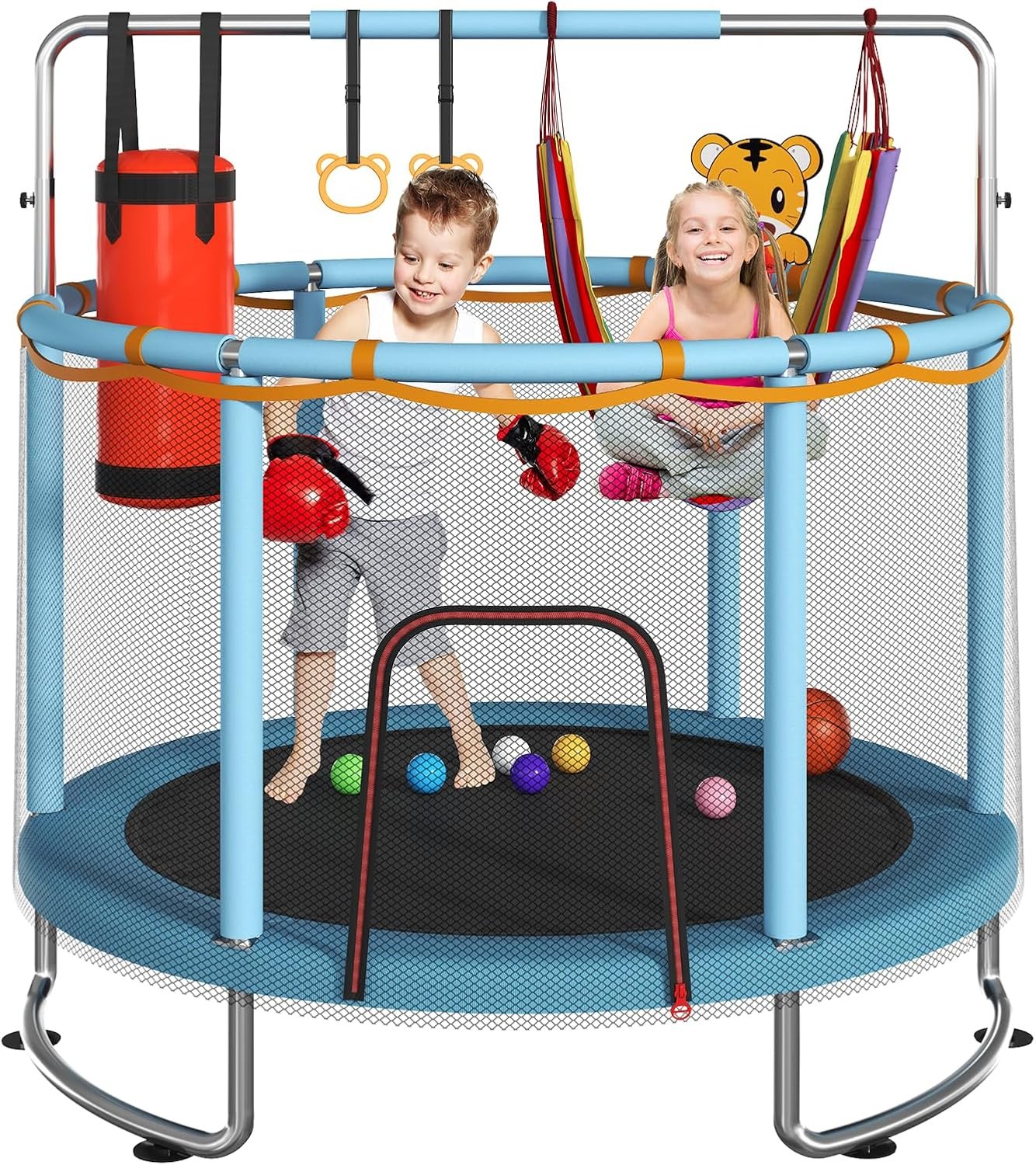 Kids’ Trampoline with Safety Net & Adjustable Gymnastics Bar