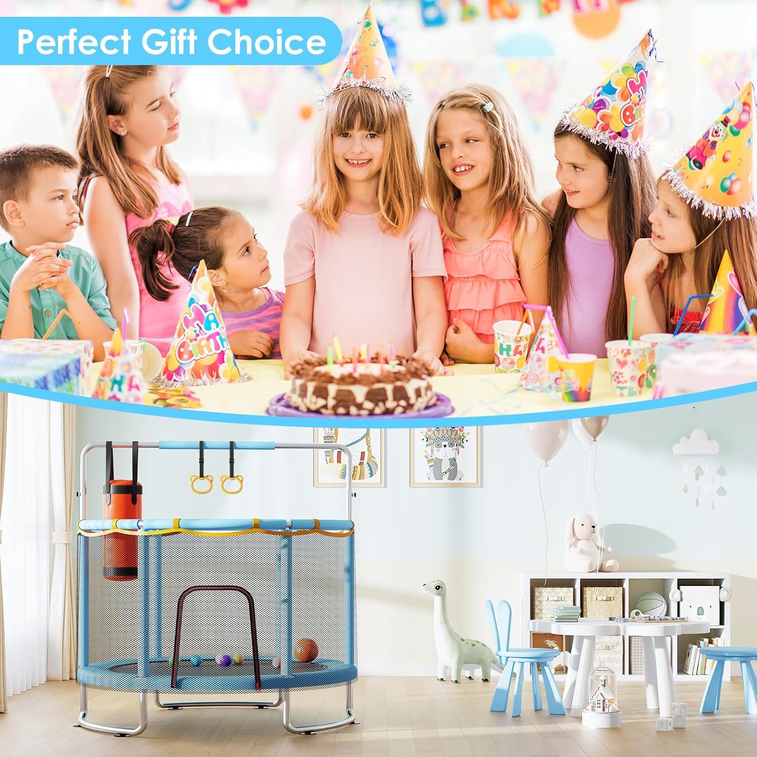 Kids’ Trampoline with Safety Net & Adjustable Gymnastics Bar - Image 2